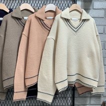 데이브 카라니트)카라넥니트티셔츠 브이넥카라 아크릴원단 스판 스웨터 겨울신상 줄니트 도톰한니트티셔츠 크림색 핑크색