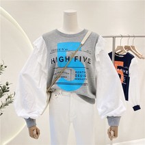 WZC 봄가을 레이어드 맨투맨 라운드 티셔츠 루즈핏 빅사이즈 풀오버 상의 여성의류 데일리