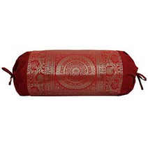 Stylo Culture Indian Polydupion Cylindrical Tubular Bolster Pillow Cover Maroon Jacquard Brocade Bor, 1