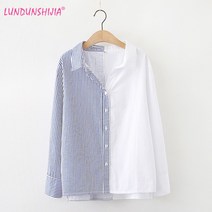 봄블라우스 봄셔츠 셔츠블라우스 LUNDUNSHIJIA-우아한 투컬러 스티칭 스트라이프 블라우스 턴 다운 칼라 긴