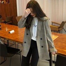 노카라 블레이저 정장 자켓 트위드 사무실 숙녀 노치 칼라 격자 무늬 여성 더블 가