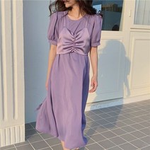 해외여행여름옷 하객원피스 봄 돌잔치 여성 여름 드레스 멀티 컬러 하이 웨이스트 퍼프 슬리브 캐주얼 레이스 업 패치 워크 롱 DR92