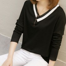 데일로엔 반 브이넥 무지 라인 여성 긴팔 티셔츠