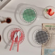 윤홈 레트로 체크 유니크 테두리 투명 유리 플레이트 접시 3컬러, 레드