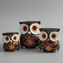 [∂LL7] 발리에서온 꽃분이 목각 부엉이 장식소품 3P 장식품 선반 나무품 콘솔품 인형 인테리어 미니어처_h§eEA, §본상품§e