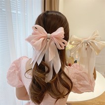 [유달리] 러블리 진주 새틴 왕리본 자동 헤어핀 핑크 아이보리 예쁜 러블리 반묶음 우아한 빅사이즈