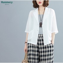 런메시Runmecy 7부 자켓 여성 여름 캐주얼 정장 시원한 자켓 반팔 자켓 카라 블랙 화이트