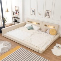 고릴라가구 허그 LED 패밀리침대 [한쪽가드형Q+Q]_매트별도, 베이지