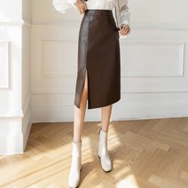 PU 가죽 스트레이트핏 일자 스커트 하프기장 여성 트임 힙랩 일단행거 A라인