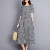 Makone 블랙과 화이트의 잔체크 마 소재 원피스 여 반팔여름루즈핏 미디엄