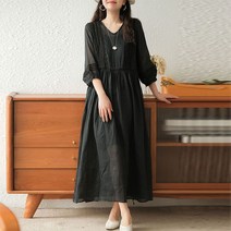 FANSYLI 여성 린넨원피스 루즈핏 셔츠 롱 원피스 브이넥 A라인 레이스 긴팔 원피스 W3F06