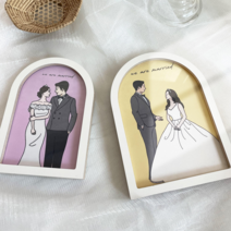 일러스트 액자 우드 아치 액자 캐리커쳐 액자 일러스트 초상화 돌 선물 결혼선물 결혼기념일 선물, 기본 2인 그림 4*6, 3명, 액자 세트 구매(거치대포함)