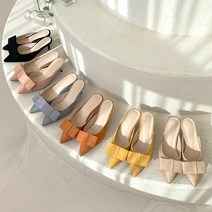 스틸레토 스웨이드 사각 리본 미들힐 뮬 슬리퍼힐