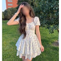 MYTATA 여름 슬림해 여자 반팔 원피스 스퀘 퍼프소매 플라워 셔링 빅사이즈 원피스 쉬폰 학생 미니 원피스 데일리 저지 여성복 여성패션 의류
