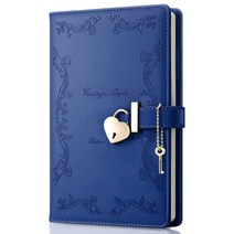 Mousbull 자물쇠와 열쇠가 있는 다이어리 여성용 귀여운 하트 모양의 자물쇠 일기 리필 가능한 A5 빈티지 시크릿 PU 가죽 노트북 선물 십대 소녀를 위한 - 오렌지, Navy blue_Without pen