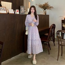 쉬폰 롱원피스 보라퍼플 플라워패턴 소녀풍 여리핏 로맨틱봄원피스 허리밴딩디테일