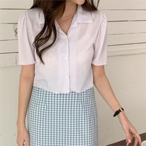 셀러허브(잡화) 여자 가을 카라넥 퍼프 링클 반팔 블라우스