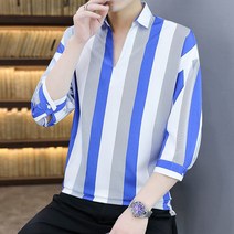 [QiYuQoo] 여름 7 점 소매 셔츠 남성 스트라이프 V 넥 홍콩 윈드 아이스 실크 티셔츠 얇은 5 점 소매 느슨한 조커 잘 생긴 조수