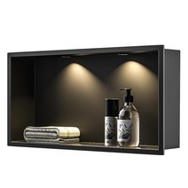 Bernkot 스테인리스 스틸 샤워 틈새 61cm X 30.5cm24인치 x 12인치 매트 블랙 라운드 LED 조명 타일 필요 없음 벽 매입형 선반 욕실 오버 마운트 설치 6465, 24