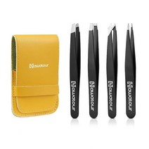 [정품] HAWATOUR의 핀셋 세트 가죽 케이스가 있는 눈썹 핀셋 4개 눈썹 인그로, 5 Count (with Scissor), Black