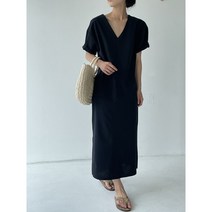 여름 앞 뒤 브이넥 린넨 옆트임 뒷파임 롱 원피스 1218 (베이지 브라운 블랙) 3 Color