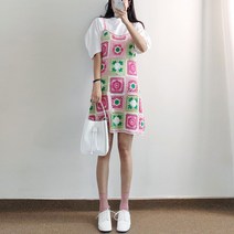 요시아나 [당일발송] 러블리 핑크 모티브 뜨개 니트 미니 원피스