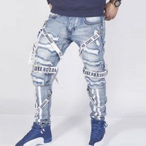 남자 연청바지 와이드 청바지 남성 여름 루스 바지 trendy street 코 로케이션 디자인 가을 스트레이트 찢어진 오토바이 보이