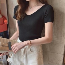 여성 여름 브이넥 슬림핏 골지 반팔 티셔츠 숏 반팔티