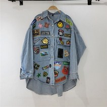 수소수생성기 알칼리비대칭 데님 자켓 여성 Streetwear 패션 배지 자수 청바지 포켓 옷깃 느슨한 코트 202, 02 blue_01 싱글 사이즈