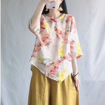 코튼린넨셔츠 에스닉 바람의 빗자락 단추 면린넨 상의 여름 미드 소매 풀오버 후드 와이드 루즈핏 플라워 2691761556
