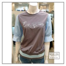 베스띠벨리 여성 봄 여름 라운드넥 배색 포인트 하늘색 자수 레터링 칠부소매 소라컬러 티셔츠 블라우스 쿨링 소재 힙덮는 기장 55 66 77 88 빅싸이즈 매장가119 000원