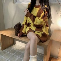 시밀러룩 커플 웨딩촬영커플룩 Streetwear 세련된 격자 무늬 패치 워크 스웨터 여성 의류 가을 겨울 두꺼운 따뜻한 한국 느슨한 모든 경기 o 넥 점퍼