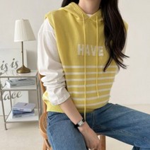 레터링 후드조끼 여성 단가라 니트조끼 하비 니트베스트