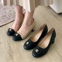 퀼팅 정장 청키굽 하이힐 명품 로고 투톤 구두 펌프스 블랙 베이지 5cm