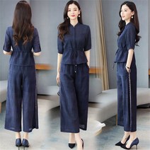 Daegu TZ040329 여성투피스 블라우스 + 여성바지 면마 셔츠 반팔티 여성티셔츠 여자바지 여성세트 빅사이즈