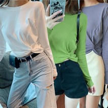 니유컴퍼니 데일리로 좋아 허리 꼬임 포인트 허리길이 긴팔 라운드 티셔츠 봄 가을 긴팔티 크롭 스타일