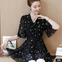 가바바 여성 빅사이즈 블라우스 귀여운 별 패턴 허리쪼임 플레어스타일 여름 블라우스 5XL 까지 G62017