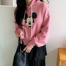 봄 20-30대 여성 캐주얼 데일리 심플룩 미키 얼굴 캐릭터 루즈핏 박시핏 후드 면 티셔츠