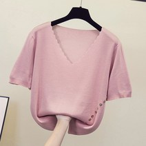 빅사이즈 여성 여름 브이넥 니트 반팔 티셔츠 통통 동생 루즈핏 아이스 위에옷