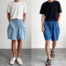 블레이트 버뮤다팬츠 벌룬 면 린넨 데님 청 와이드 밴딩반바지