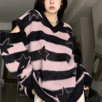 어깨트임 니트 연보라 꽃무늬 꽃자수 롱니트티 빈티지 V넥 블랙 핑크 스트라이프 스웨터 풀오버 Y2k 의류