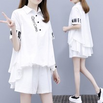 tagi 여성 프릴 셔츠 블라우스 반바지 상하세트 빅사이즈 여름