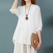중년여성 여름 블라우스 브이넥 7부소매 자수 빅사이즈 오버핏 무지 셔츠 상의 엄마 할머니 L~3XL A21