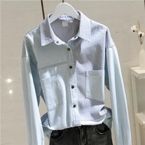 청난방 청남방 여자 청 남방 난방 데님 셔츠 블라우스 2022 봄 가을 새로운 한국 패션 여성 긴 소매 느슨한 캐주얼 패치 워크 스트라이프 여성 탑 c202