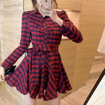 여자 카라넥 체크 셔링 허리리본 플리츠 미니 원피스
