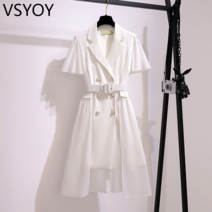 vsyoy vsyoy 대형 여성 2022 년 여름 새로운 외국 스타일 디자인 느낌 작은 그룹 슬림 배꼽 메쉬 스티칭 정장 드레스
