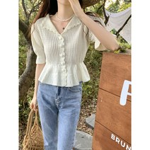 뜨개 러블리 프릴 레이스 반팔 여름 니트 티셔츠