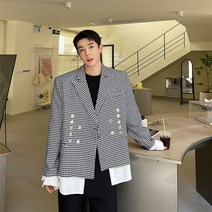 남자 하운드 체크 더블 레이어드 캐주얼 블레이저 자켓 독특한 30대 가을 10대 간절기