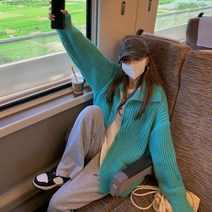 코발트블루 파란 부드러운 스웨터 니트 Rimocy 지퍼 업 카디건 봄 블루 터틀넥 스타일