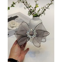 하나 멀티#- 그레이 컬러 쉬폰 풍성한 쥬얼리 보석 큐빅 왕리본 머리핀
